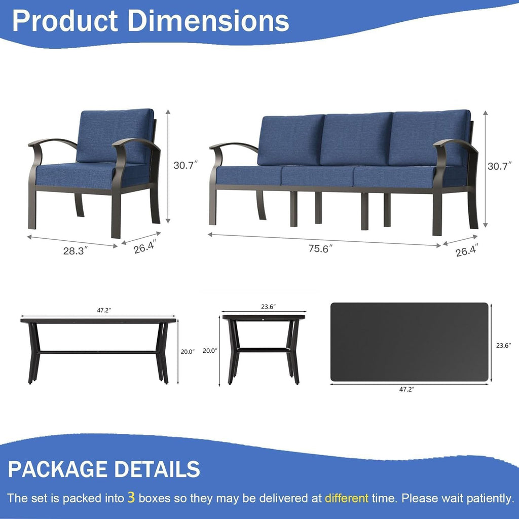 Aluminum Outdoor Patio Furniture Set,5 Seats Patio Conversation Sets with Rectangular Coffee Table,Metal Patio Sectional Furniture Set with 5.1' Thickened Cushions,Navy Blue