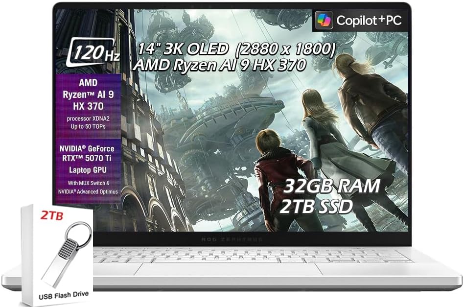 ASUS ROG Zephyrus G14 Gaming Laptop | 14' OLED 3K 120Hz G-SYNC 500 nit | AMD Ryzen AI 9 HX 370, | 32GB DDR5 2TB SSD | RTX 5070 Ti | Wi-Fi7 Backlit KB Win11 | Platinum White | w/2TB USB Drive, W/GaLiMu
