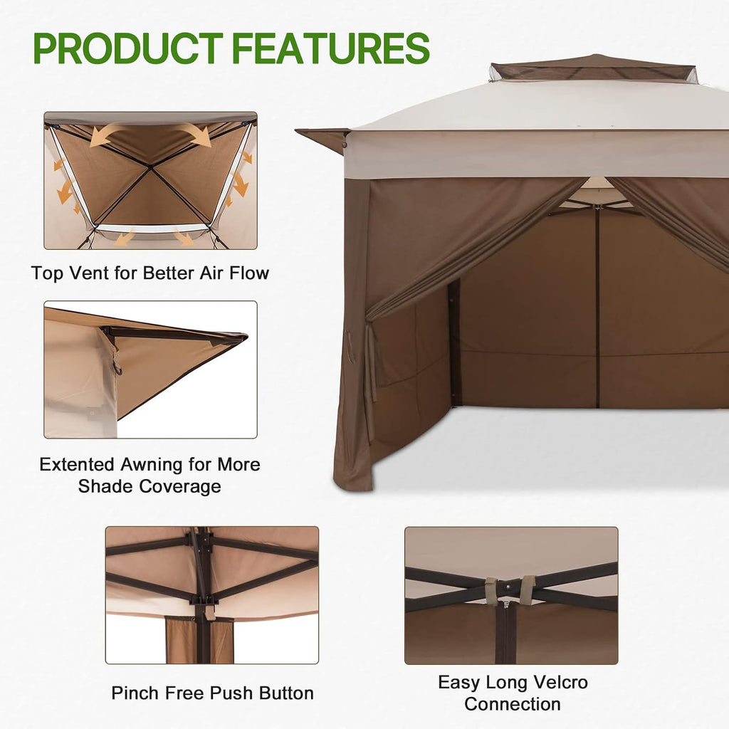 COOS BAY 11x11 Pop Up Gazebo with 4 Sidewalls, Instant Outdoor Canopy Tent with UPF 50+ UV Protection, Water Resistant Shelter with Carry Bag, Stakes & Ropes, Beige