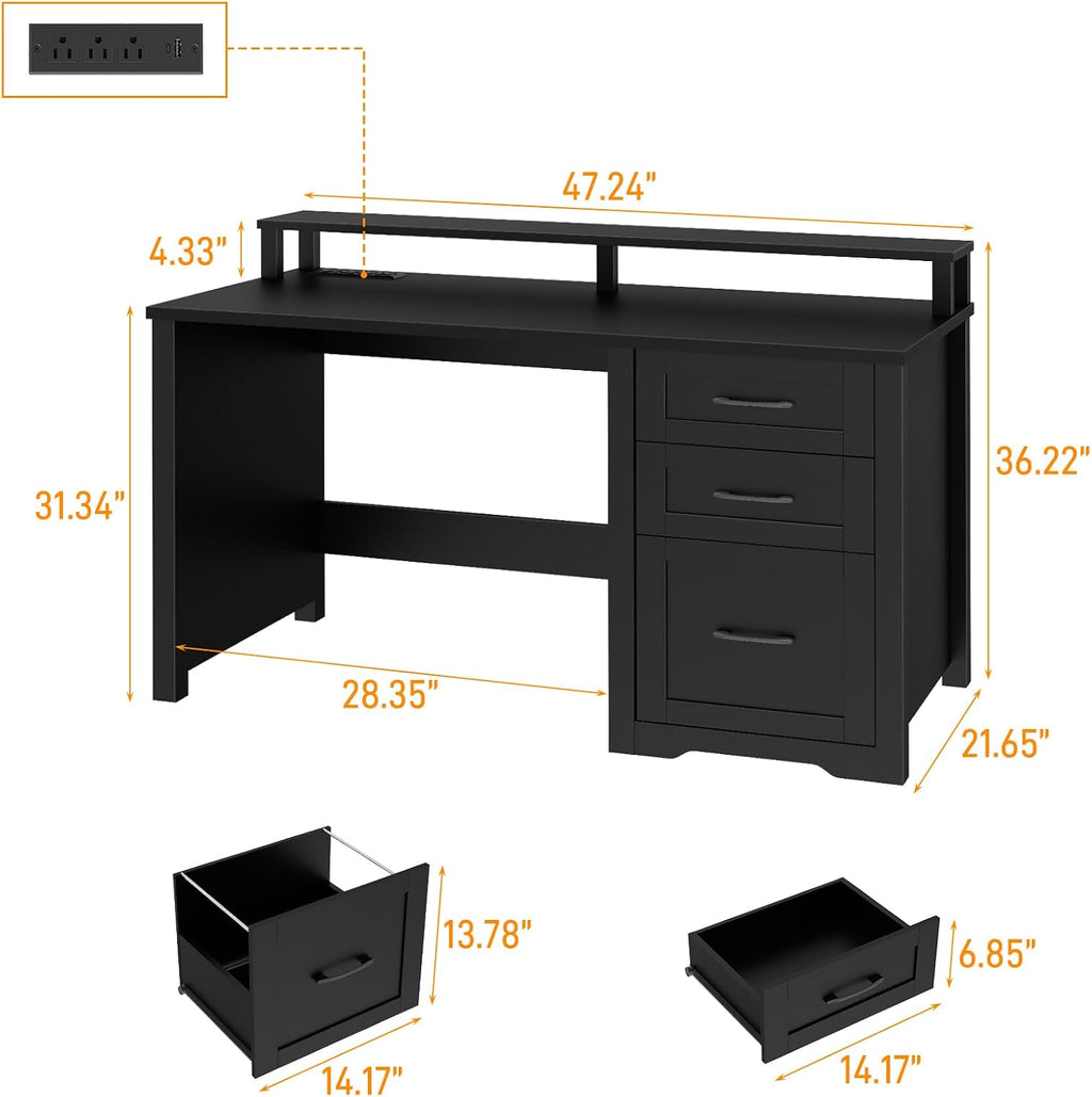 Vabches 47' Farmhouse Executive Desk with Monitor Stand & File Cabinet,3 Drawers Computer Desk with LED Lights and Power Outlets,Workstation for Home Office, Study,Writing.Pure Black