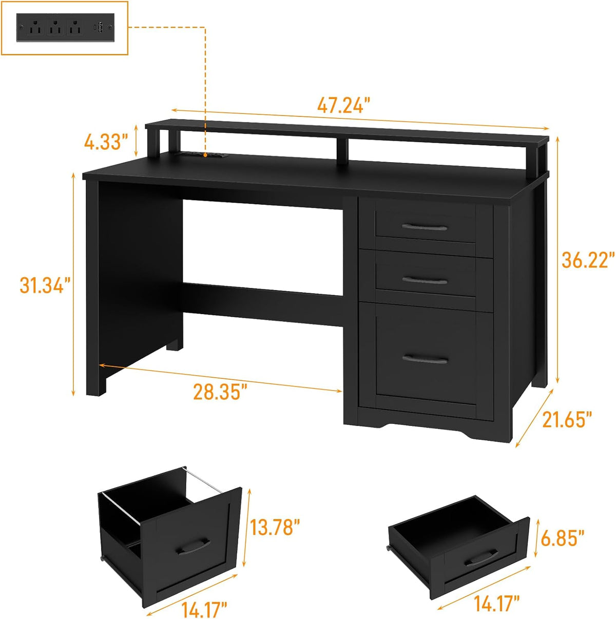 Vabches 47' Farmhouse Executive Desk with Monitor Stand & File Cabinet,3 Drawers Computer Desk with LED Lights and Power Outlets,Workstation for Home Office, Study,Writing.Pure Black