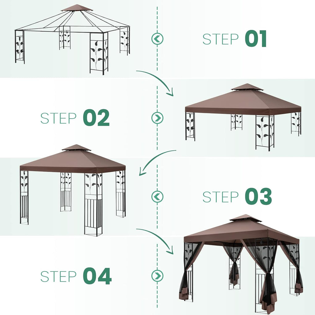 COBIZI Gazebo 10x10 Heavy Duty Gazebo with Improved Nettings Outdoor Gazebo Canopy Double Roof Patio Gazebo with Metal Steel Frame Gazebo Tent for Patio, Deck, Backyard (Brown, Nettings, New Model)