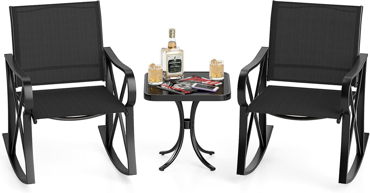 HAPPYGRILL 3-Piece Patio Rocking Bistro Set Rocker Chairs Set with Side Table, Outdoor Conversation Furniture Set with Metal Frame for Porch, Garden, Backyard, Balcony (Black)