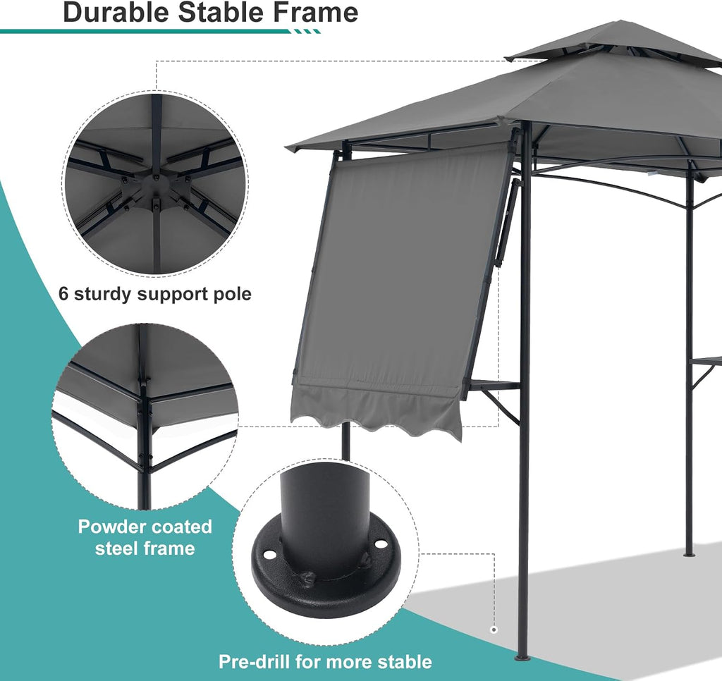 COBANA Grill Gazebo 8'x 5' Outdoor Patio Backyard BBQ Grill Shelter with Side Awning, Double Tiered Soft Canopy Top with Steel Frame and Bar Counters, Gray