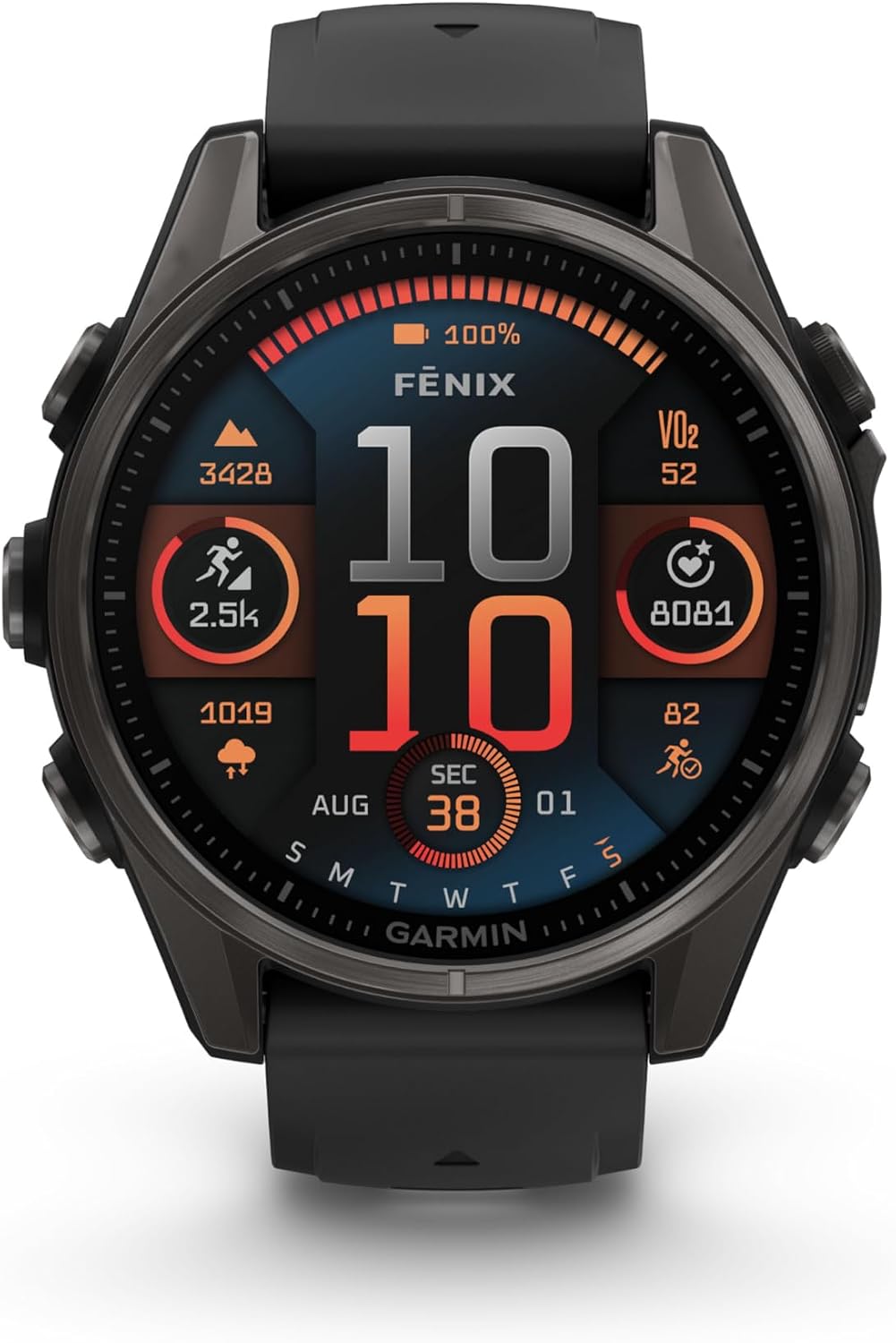 Garmin Fenix 8 43MM AMOLED Sapphire Premium Multisport GPS Smartwatch Carbon Gray DLC Titanium with Black Gray Silicone Band, LED Flashlight, Fitness & Health Smart Watch Bundle