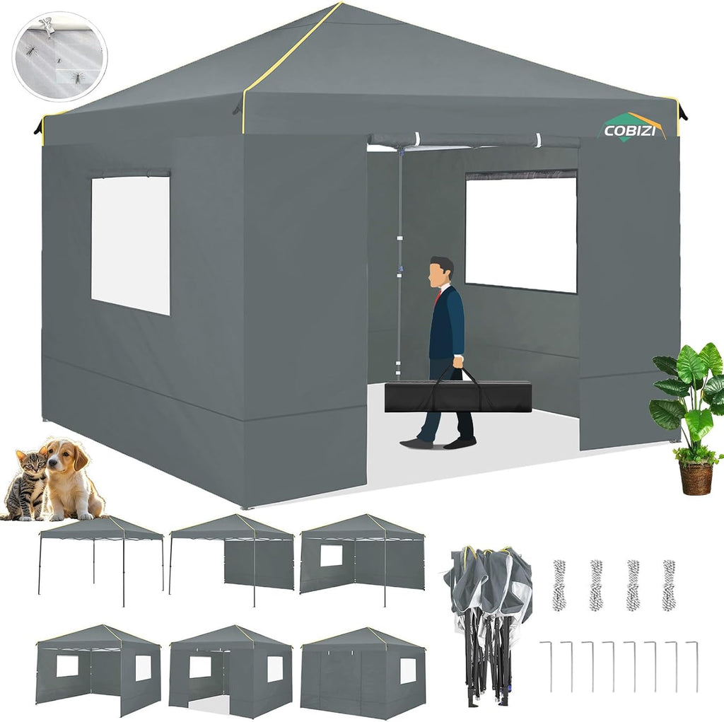 COBIZI 10x10 Pop Up Canopy Tent with 4 Sidewalls and Mesh Windows 2.0, Waterproof Commercial Instant Gazebo Outdoor Tents for Party/Exhibition/Picnic with Carry Bag,4 Stakes & Ropes (Gray)