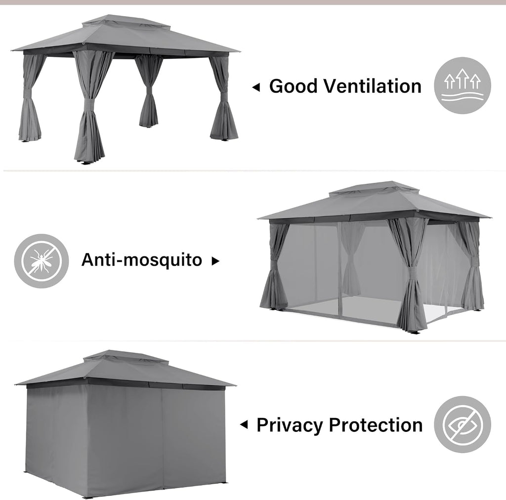 LAUSAINT HOME 10'x13' Outdoor Gazebo, Metal Frame Heavy Duty Patio Canopy Tent Shelter with Double Roofs, Mosquito Nettings and Privacy Screens for Backyard, Garden, Lawn, Gray