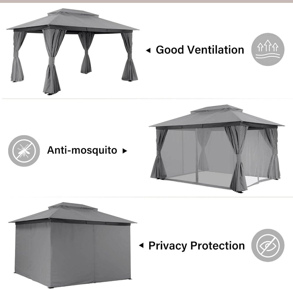 LAUSAINT HOME 10'x13' Outdoor Gazebo, Metal Frame Heavy Duty Patio Canopy Tent Shelter with Double Roofs, Mosquito Nettings and Privacy Screens for Backyard, Garden, Lawn, Gray