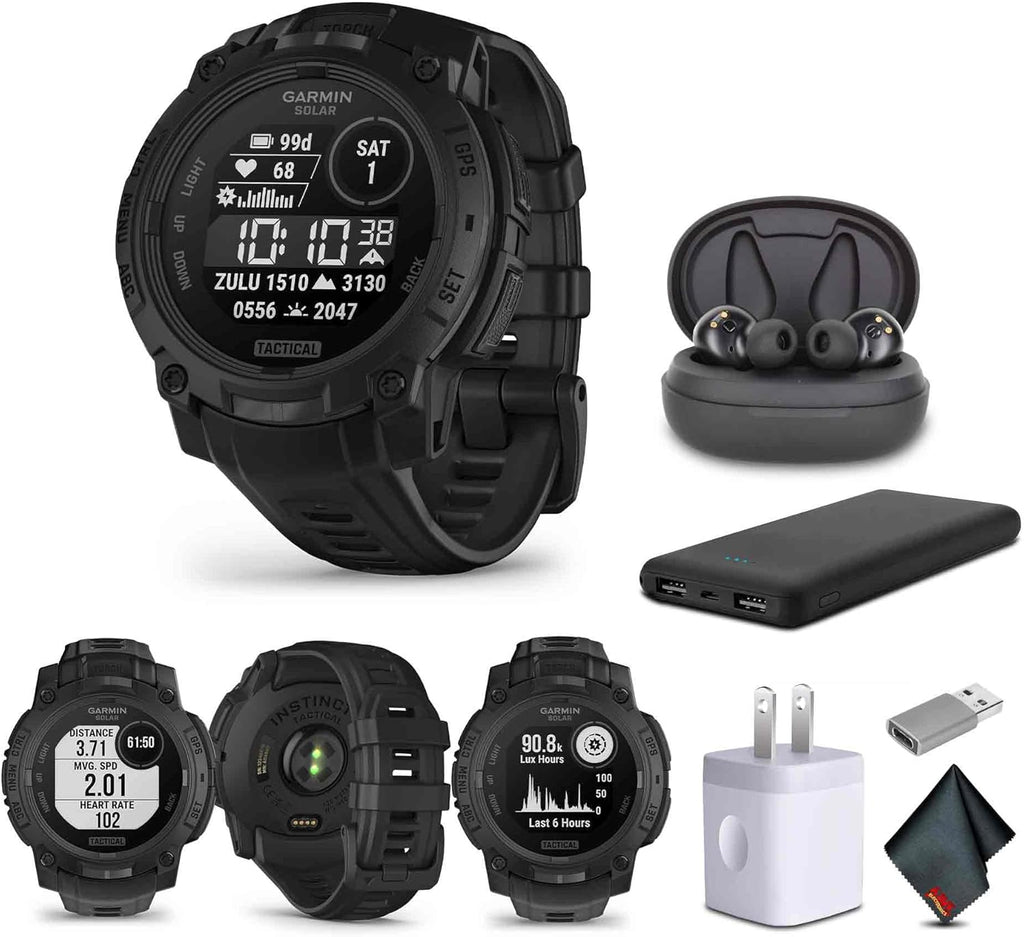 Garmin Instinct 3 Tactical Edition, Solar Charged 45mm Display, Outdoor Rugged GPS Smartwatch Bundle with USB Wall Charger + Microfiber Cleaning Cloth + More