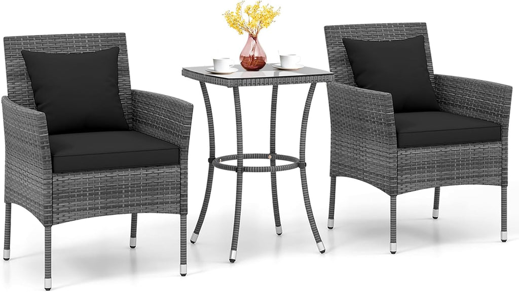 KOTEK 3 Pieces Patio Furniture Set, PE Rattan Outdoor Conversation Set with Tempered Glass Table & Soft Cushions, Wicker Bistro Set for Garden, Porch, Balcony (Black)