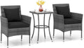 KOTEK 3 Pieces Patio Furniture Set, PE Rattan Outdoor Conversation Set with Tempered Glass Table & Soft Cushions, Wicker Bistro Set for Garden, Porch, Balcony (Black)