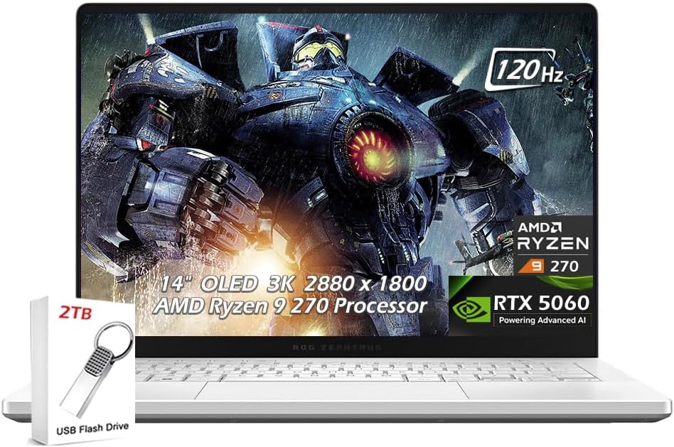 ASUS ROG Zephyrus G14 Gaming Laptop | 14' OLED 3K 120Hz G-SYNC 500nit | MD Ryzen 9 270 | 16GB RAM 1TB SSD | NVIDIA GeForce RTX 5060 | Wi-Fi7 BacklitKB Win11 | Platinum White | 2TB USB Drive, W/GaLiMu