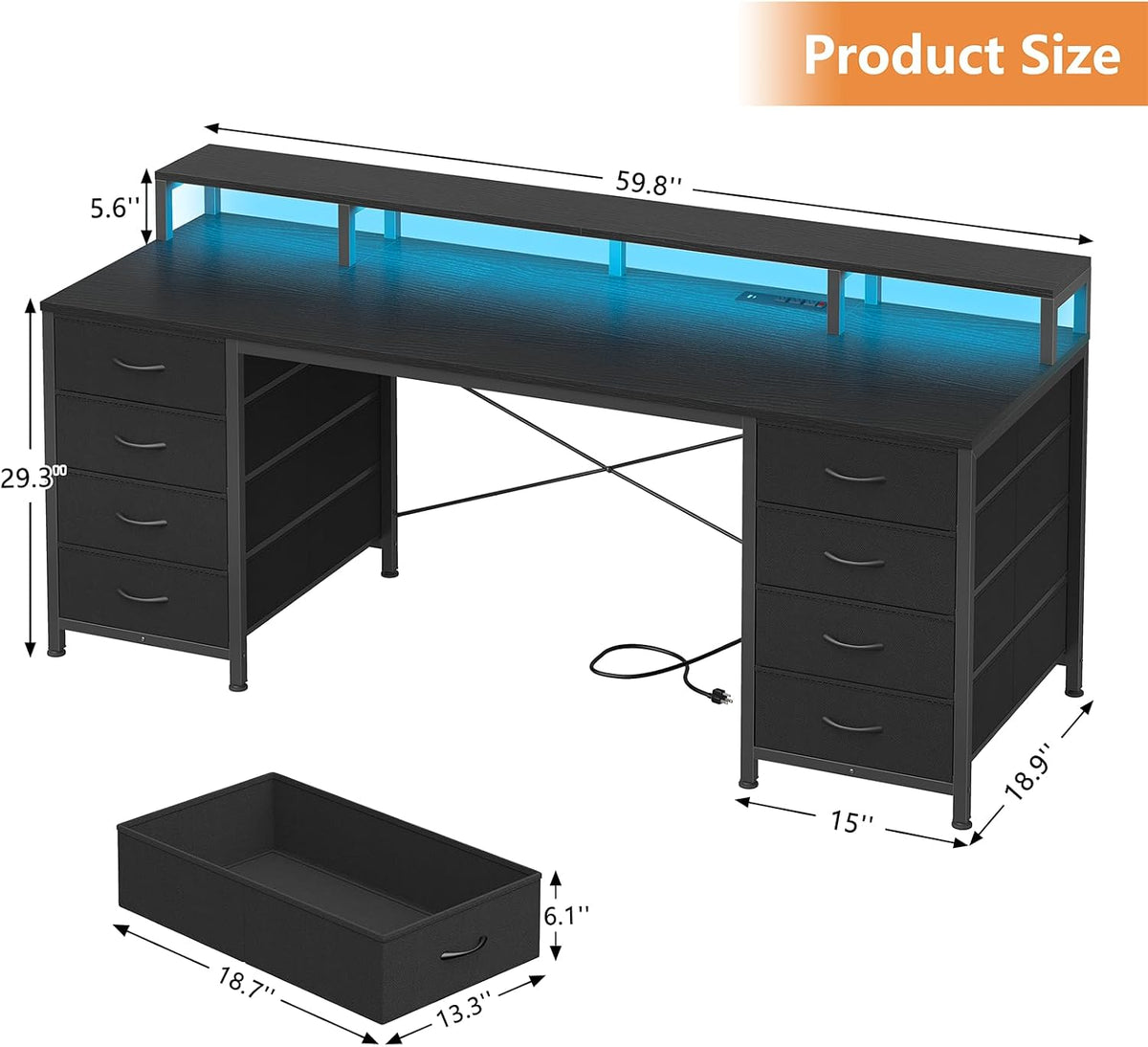 YOMILUVE 60 Inch Computer Desk with 8 Drawers, Gaming Desk with LED Lights & Power Outlets, Home Office Desk with Monitor Stand, Black