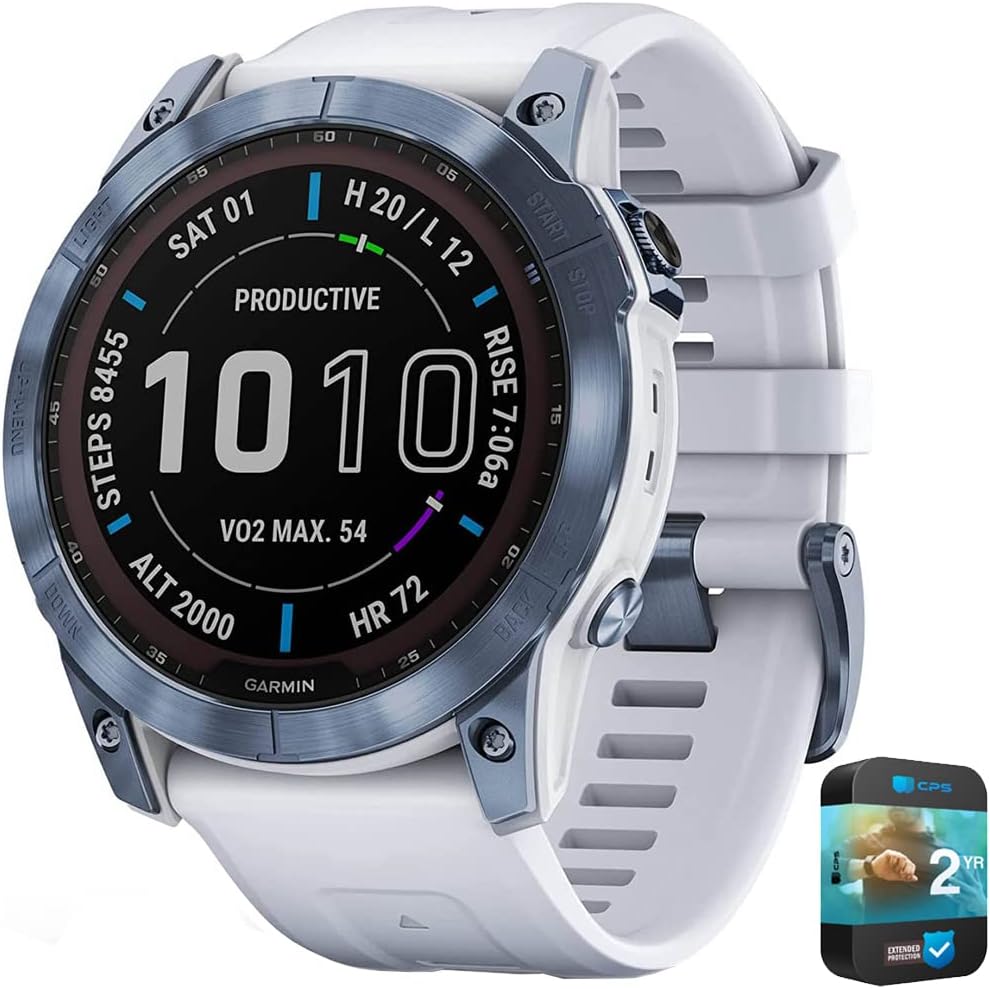 Garmin 010-02541-14 Fenix 7X Sapphire Solar Smartwatch Mineral Blue Titanium with Whitestone Band Bundle with 2 YR CPS Enhanced Protection Pack
