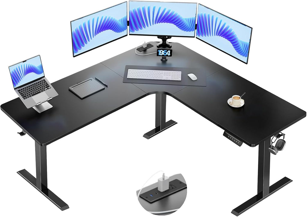 HUANUO Electric L Shaped Standing Desk, 63' x 63' Height Adjustable Corner Standing Desk with Built-in Power Outlets & Power Strip Holder, Sit Stand Up Table with 4 Preset Heights, Black