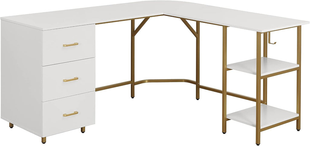 Techni Mobili L Shaped Desk - Two-Toned Computer Desk with Drawers & Storage Shelves - Simple Modern Furniture & Home Office Space Corner Table for Work & Writing