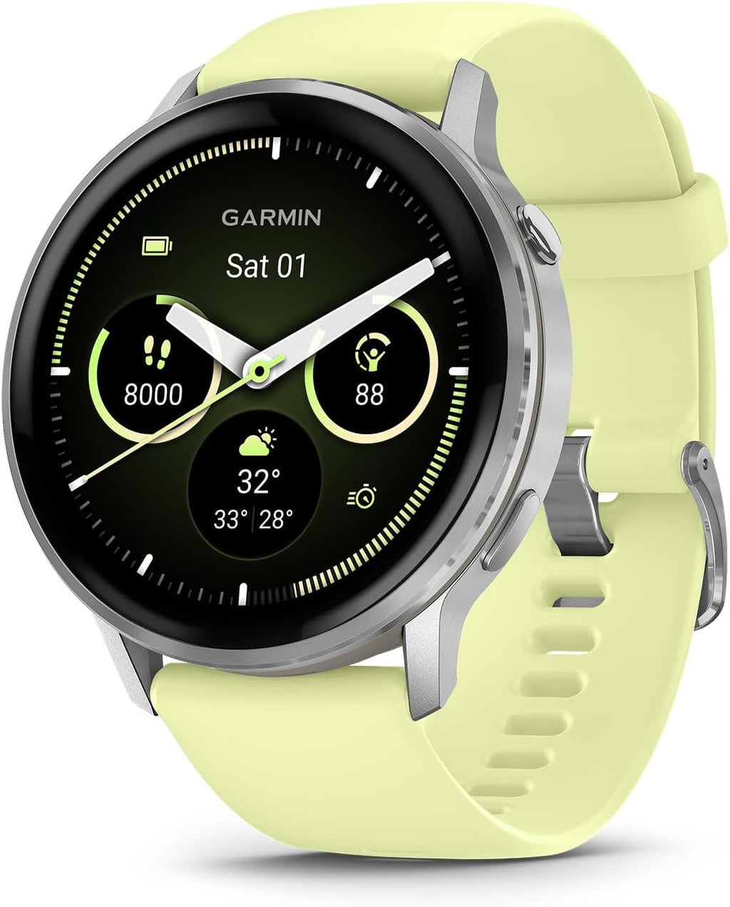 Garmin Venu 4 (45mm) Smartwatch – GPS, AMOLED, Sleep Coach, Body Battery, Silver with Citron Silicone Band Bundle with Deco Essentials Charging Dock, 3-Pack Dust Covers & 1.4' Screen Protector
