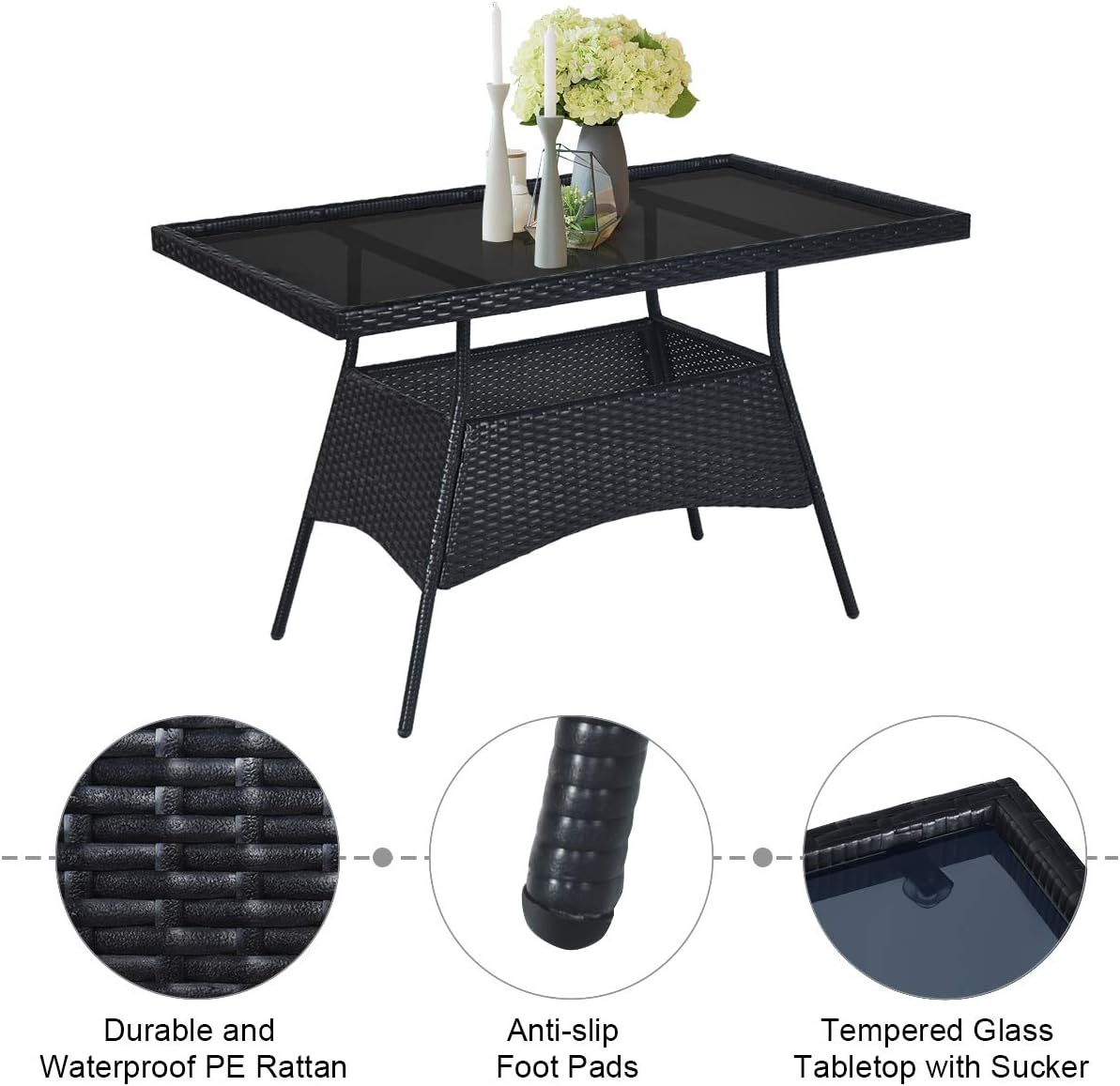 Tangkula 5 Piece Wicker Patio Dining Set, Outdoor Rattan Table & Chairs Set with Tempered Glass Top & Padded Cushions, Patio Furniture Dining Table Set for Balcony Patio Garden Poolside