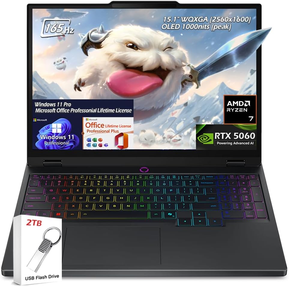 Lenovo Legion 5 15.1' WQXGA OLED 165HZ Gaming Notebook, AMD Ryzen 7 260, RTX 5060, Wi-Fi7, Backlit KB, Win11 Pro & Office Lifetime License, Eclipse Black (16GB RAM 1TB SSD),w/2TB USB Drive, W/GaLiMu