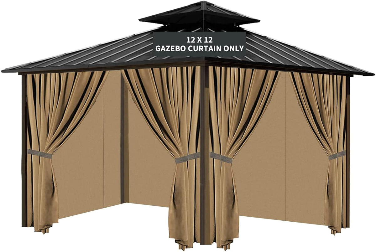 Gazebo Universal Replacement Privacy Curtain, 12'X12' Gazebo Curtains Outdoor Waterproof, 4-Panels Sidewall with Zipper for Patio, Garden and Backyard (Only Curtains, 12'X12', Beige)