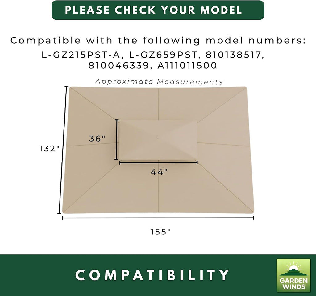 Garden Winds Reinforced RipLock 350 Replacement Canopy Top Cover Compatible with South Hampton 11' x 13' Gazebo Models L-GZ215PST-A, L-GZ659PST, 810138517, 810046339, A111011500 - Beige