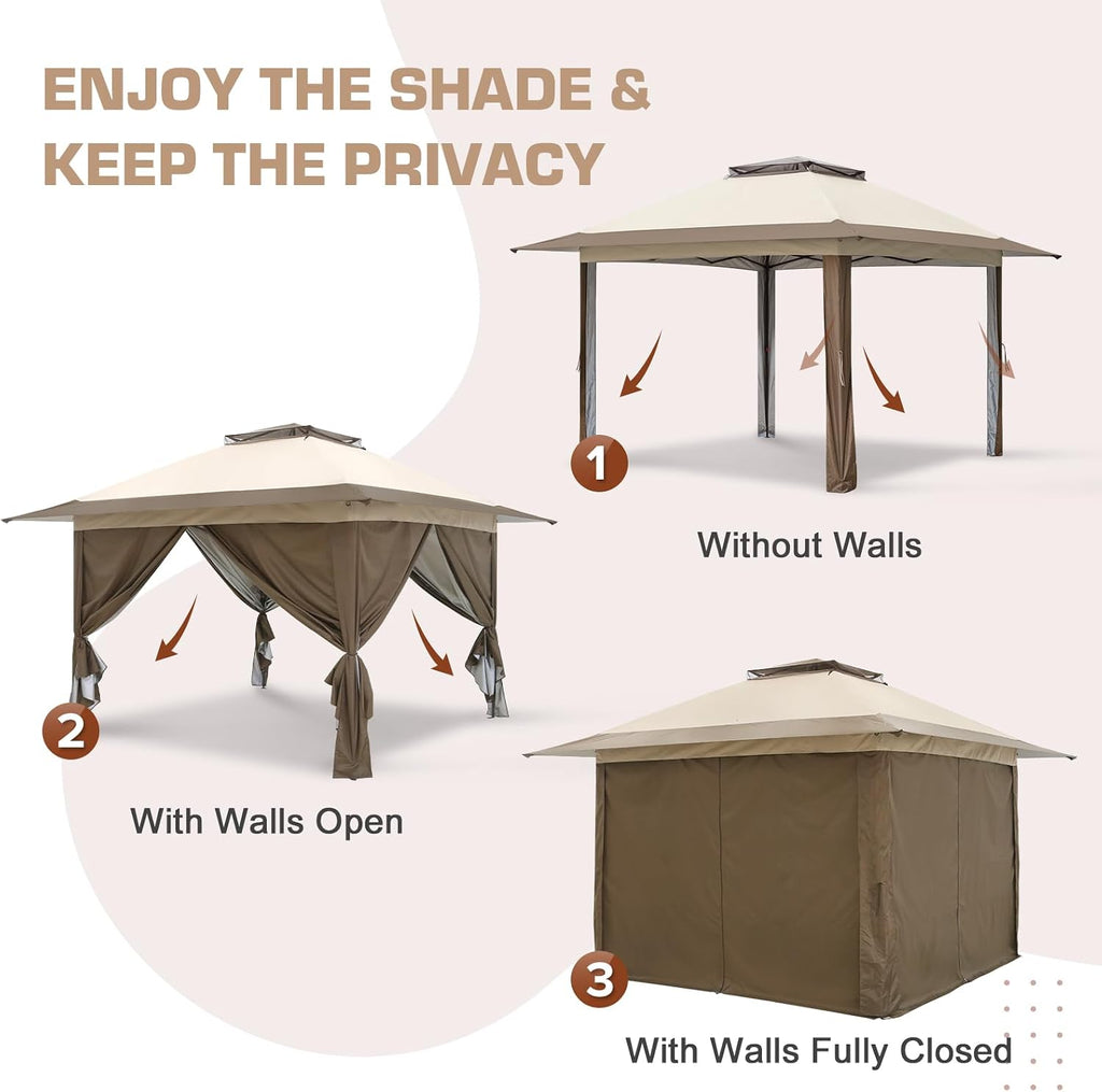 EAGLE PEAK 13x13 Pop Up Gazebo with 4 Wall Panels, Easy Up Canopy for Patio and Backyard, Easy Set up Outdoor Gazebo (Beige/Brown)