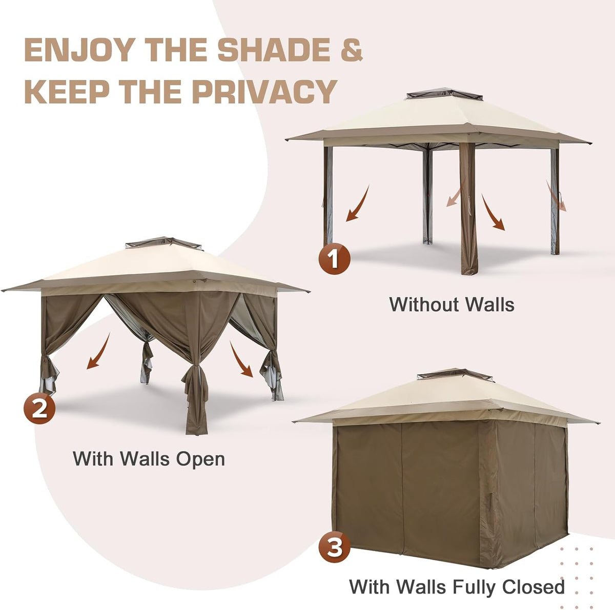 EAGLE PEAK 13x13 Pop Up Gazebo with 4 Wall Panels, Easy Up Canopy for Patio and Backyard, Easy Set up Outdoor Gazebo (Beige/Brown)