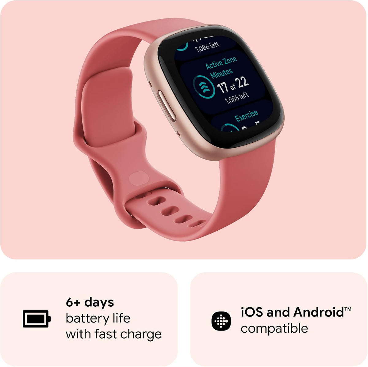 Fitbit Versa 4 Fitness Smartwatch with Daily Readiness, GPS, 24/7 Heart Rate, 40+ Exercise Modes, Sleep Tracking and more, Pink Sand/Copper Rose, One Size (S & L Bands Included)