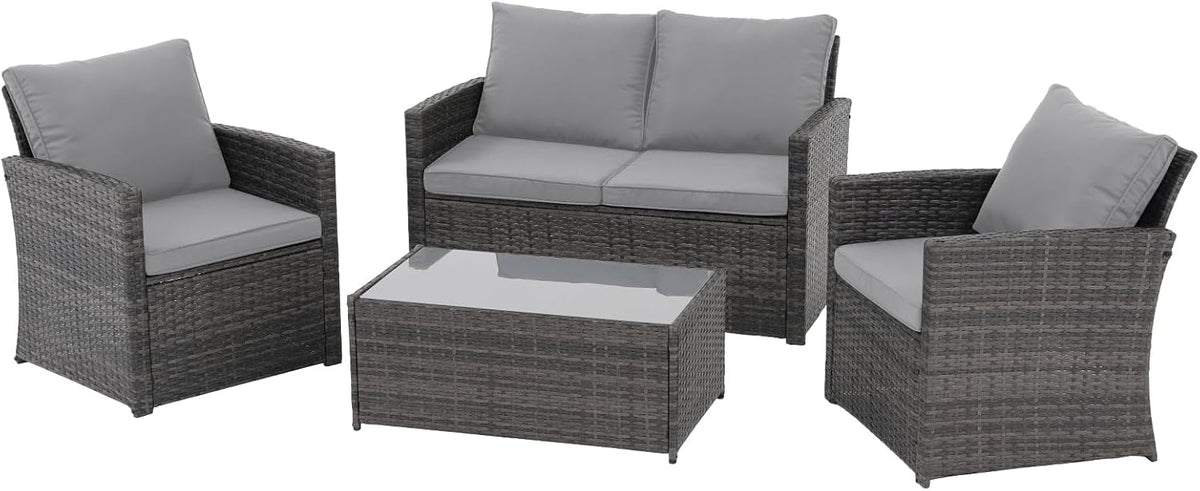 JOIVI Patio Furniture Set, 4 Piece Outdoor Patio Conversation Set, All-Weather PE Rattan Wicker Sectional Patio Sofa Set with Tempered Glass Coffee Table, Light Gray