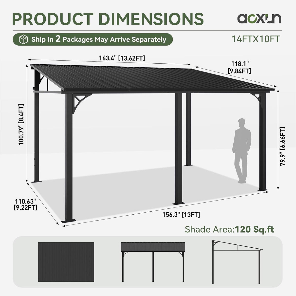 Aoxun 10' x 14' Lean to Gazebo, Upgraded Hardtop Outdoor Pergola with Sloping Galvanized Steel Roof, Large Wall-Mounted Heavy Duty Awnings for Patio, Backyard, Deck, Porch (Black)