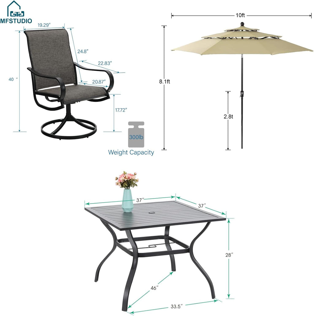 MFSTUDIO Outdoor Dining Set for 4, Patio Furniture Set with Beige Umbrella (Base not Included), Square Metal Table and 4 Swivel Chairs for Patio, Deck, Backyard, Garden