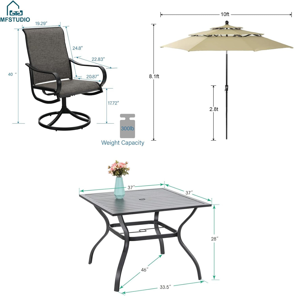 MFSTUDIO Outdoor Dining Set for 4, Patio Furniture Set with Beige Umbrella (Base not Included), Square Metal Table and 4 Swivel Chairs for Patio, Deck, Backyard, Garden