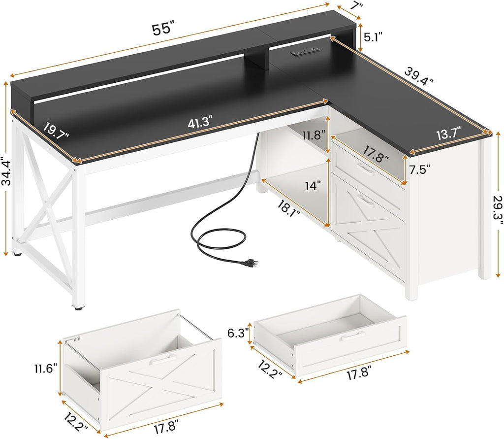 SEDETA Corner Computer Desk, 55' L Shaped Gaming Desk with Storage Drawers and Power Outlet, Farmhouse Corner Gaming Desk with Storage Shelves and LED Lights for Home Office, Black