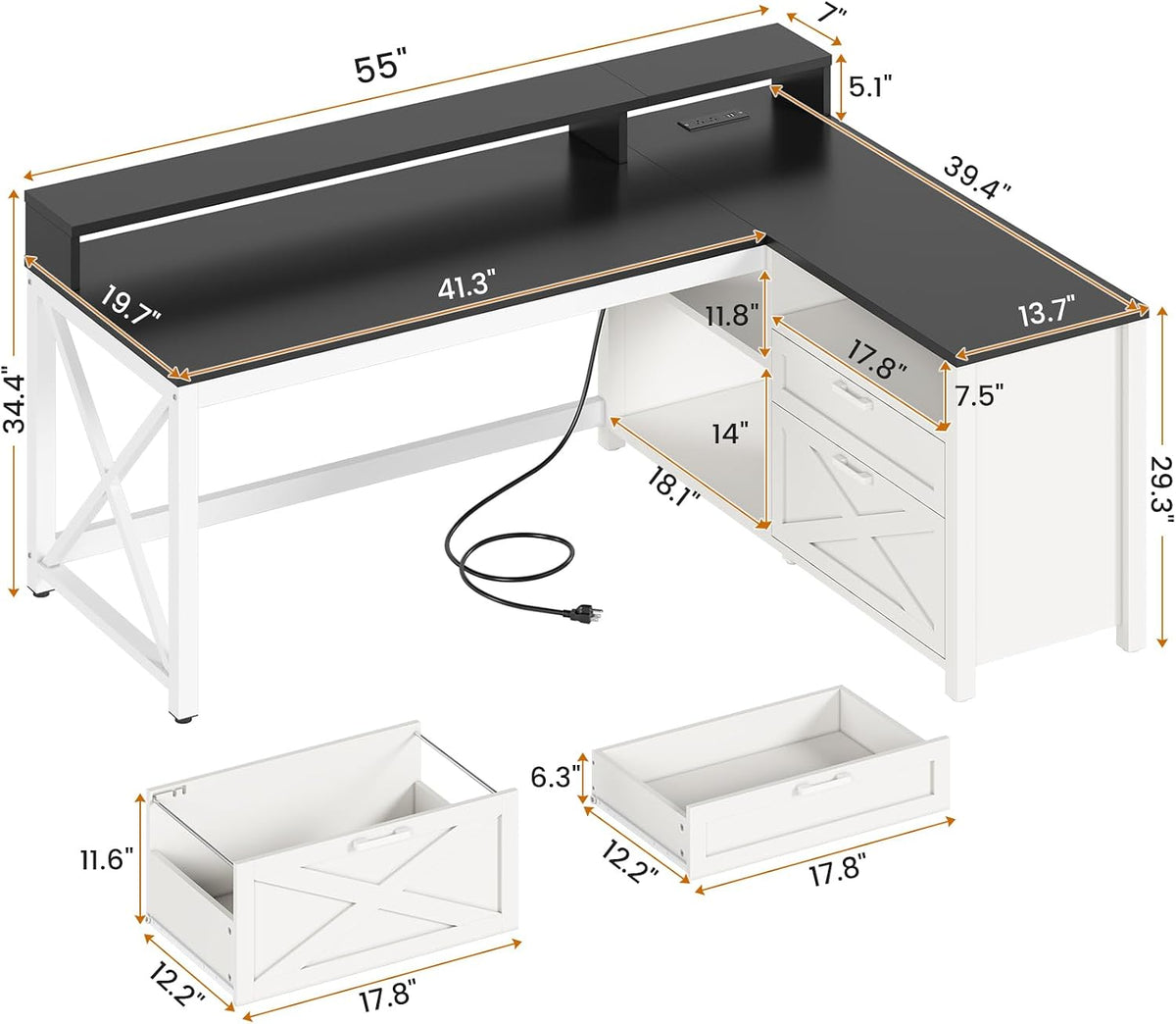 SEDETA Corner Computer Desk, 55' L Shaped Gaming Desk with Storage Drawers and Power Outlet, Farmhouse Corner Gaming Desk with Storage Shelves and LED Lights for Home Office, Black