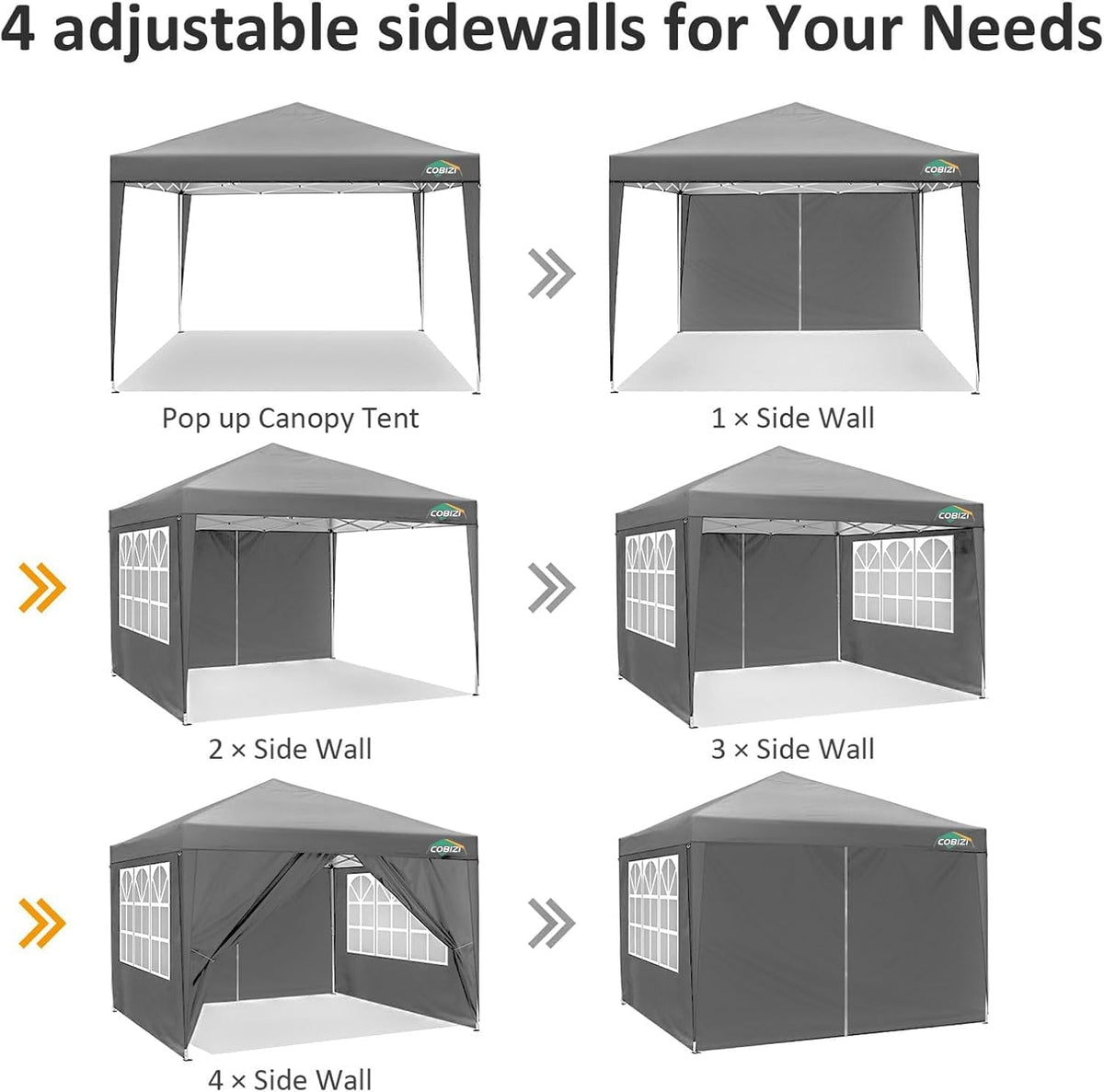 COBIZI 10x10 Pop Up Canopy Tent with 4 Sidewalls Party Tents Waterproof UPF 50+ Commercial Instant Outdoor Events Tent for Parties Markets Backyard, Ropes（10 x 10 ft Gray