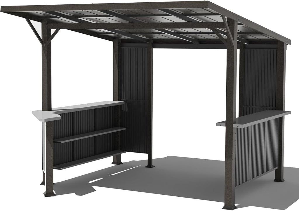 ALAULM 10'x 10' Hardtop Grill Gazebo, Outdoor BBQ Gazebo with Storage Shelves and Expansion Platform, Permanent Galvanized Steel Lean to Canopy with Grey-Black Metal Privacy Screen for Patio