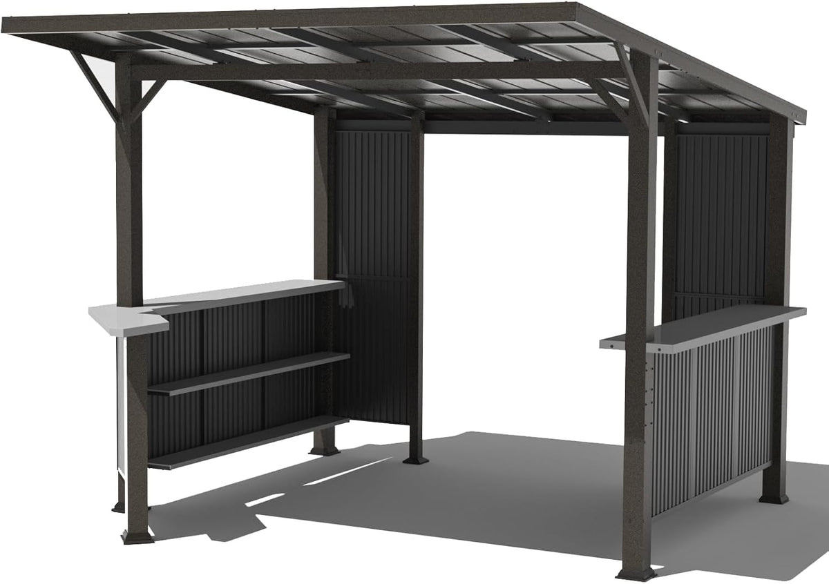 ALAULM 10'x 10' Hardtop Grill Gazebo, Outdoor BBQ Gazebo with Storage Shelves and Expansion Platform, Permanent Galvanized Steel Lean to Canopy with Grey-Black Metal Privacy Screen for Patio