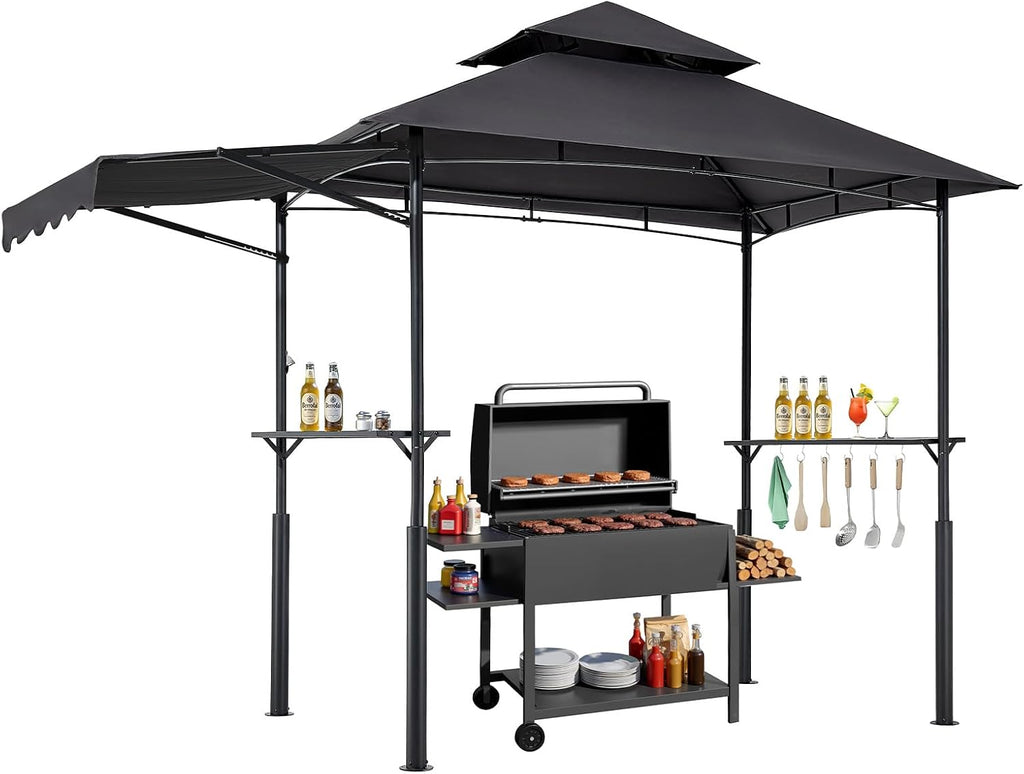 VEVOR Grill Gazebo, 8 x 5 ft Double-Tiered Top, Reinforced BBQ Gazebo with Extra Awning, Powder-Coated Steel Patio Grill Shelter with 2 Side Shelves & Hooks, Outdoor Grilling Canopy for Garden