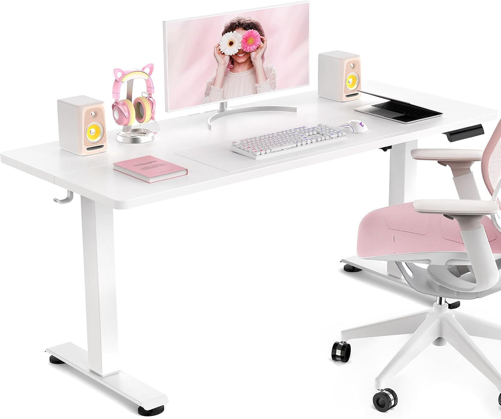 Veken 47.2 Inch Large Electric Standing Desk, Heights Adjustable, Sit to Stand Up, Work Home Office Computer Table for Study, Walking Pad, Writing, and Games, Wooden Desktop Desks, White