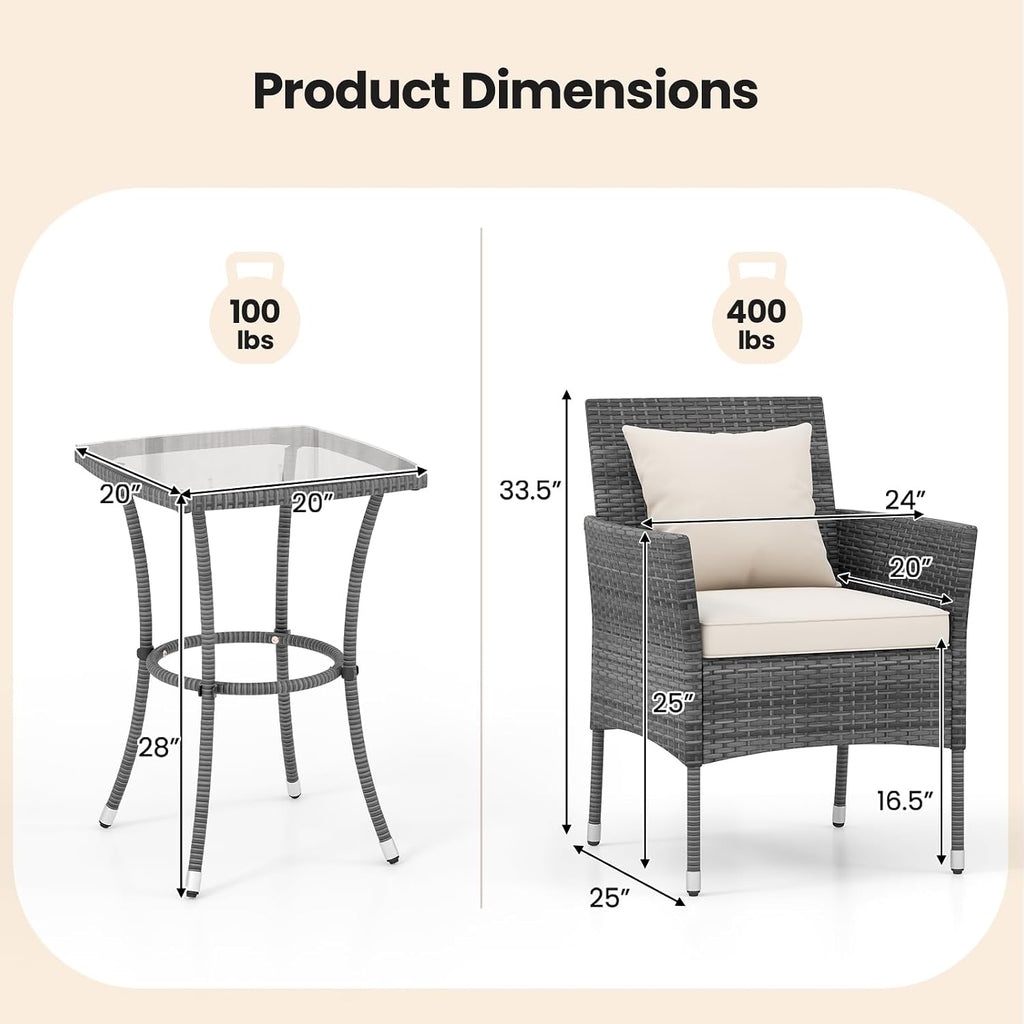 KOTEK 3 Pieces Patio Furniture Set, PE Rattan Outdoor Conversation Set with Tempered Glass Table & Soft Cushions, Wicker Bistro Set for Garden, Porch, Balcony (Off White)