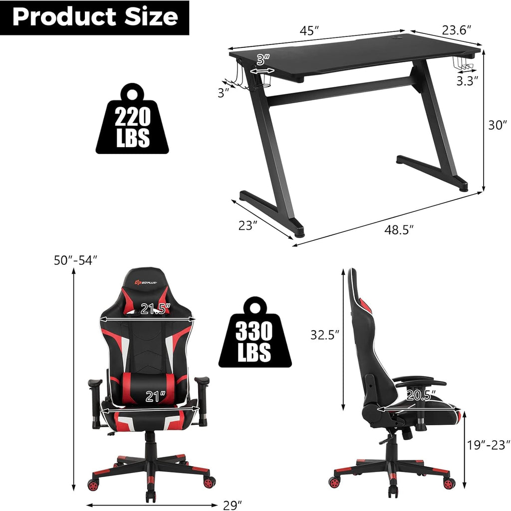 Goplus Gaming Desk & Chair Combo Set, Racing Style Home Office Chair & Desk w/Cup Holder, Headphone Hook & Mouse Pad,Ergonomic E-Sport Computer Desk Chair Furniture w/Massage Lumbar Support(Red)
