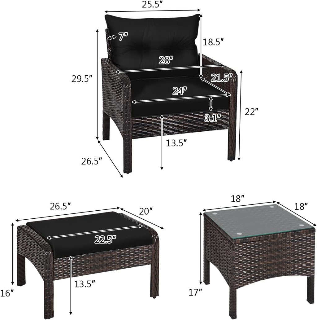 HAPPYGRILL 5 Pieces Patio Furniture Set Outdoor Rattan Wicker Conversation Set with Coffee Table Cushioned Sofas and Ottoman Chat Set for Garden Backyard
