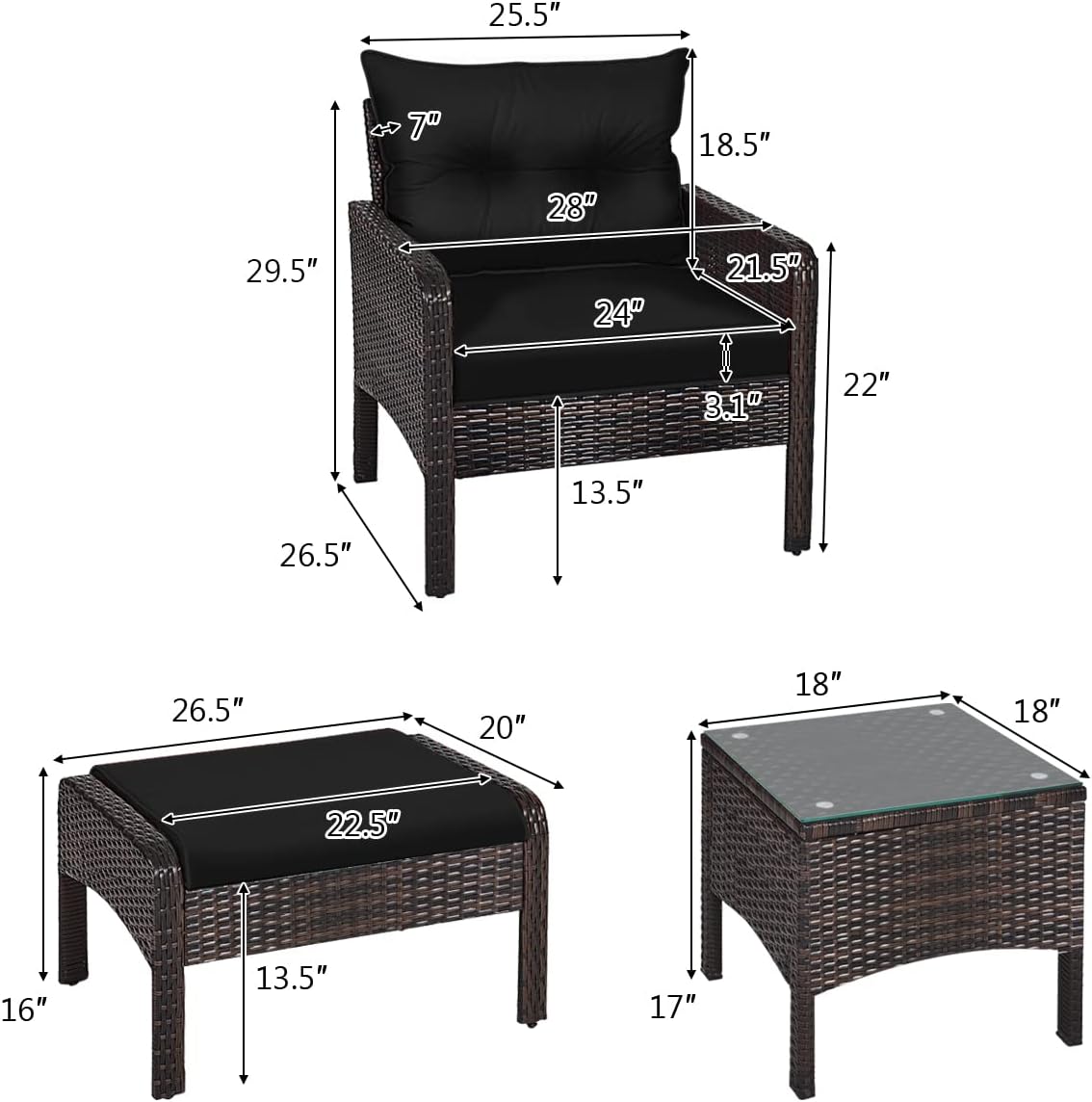 HAPPYGRILL 5 Pieces Patio Furniture Set Outdoor Rattan Wicker Conversation Set with Coffee Table Cushioned Sofas and Ottoman Chat Set for Garden Backyard