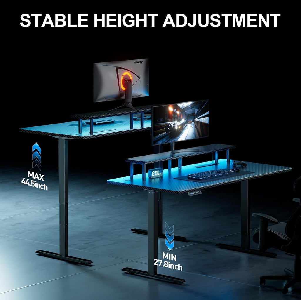 HLDIRECT Electric Standing Gaming Desk with LED Lights, 47 Inch Height Adjustable Gaming Table Sit Stand Computer Workstation with Power Outlet & Monitor Stand, Rising Desk for Office, Home, Black