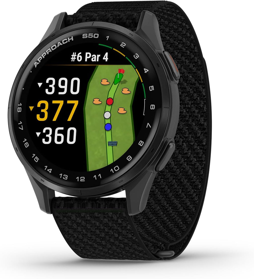 Garmin Approach® S50, Advanced Golf GPS Smartwatch, AMOLED Display, On-Course Features, Wrist-Based Heart Rate, Slate Aluminum Bezel with Black ComfortFit Nylon Band