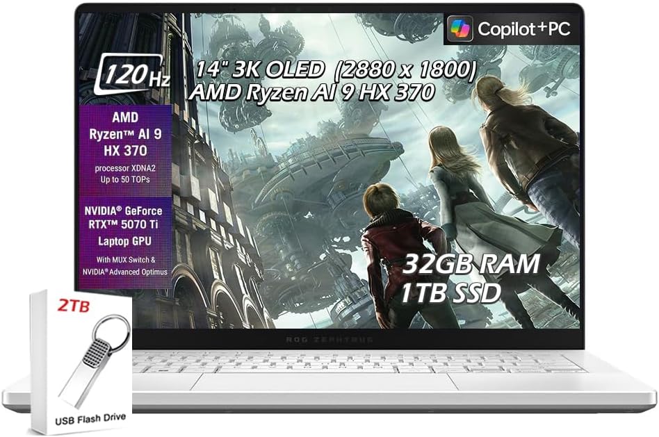 ASUS ROG Zephyrus G14 Gaming Laptop | 14' OLED 3K 120Hz G-SYNC 500 nit | AMD Ryzen AI 9 HX 370, | 32GB DDR5 1TB SSD | RTX 5070 Ti | Wi-Fi7 Backlit KB Win11 | Platinum White | w/2TB USB Drive, W/GaLiMu