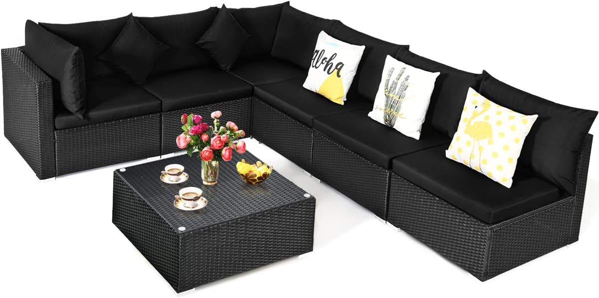 HAPPYGRILL 7 Pieces Patio Furniture Set Outdoor Rattan Wicker Sectional Sofa Set with Cushions & Pillows & Coffee Table for Garden Lawn