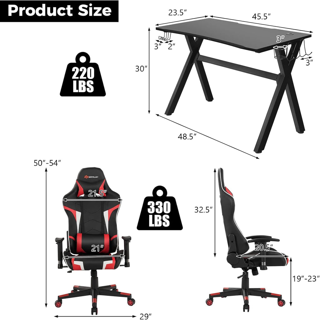 Goplus Gaming Desk & Chair Combo Set, Racing Style X Shaped E-Sport Gamer Desk & PVC Computer Chair w/Cup & Headphone Holder, Mouse Pad, Headrest & Massage Lumbar Support for Home Office (Red)