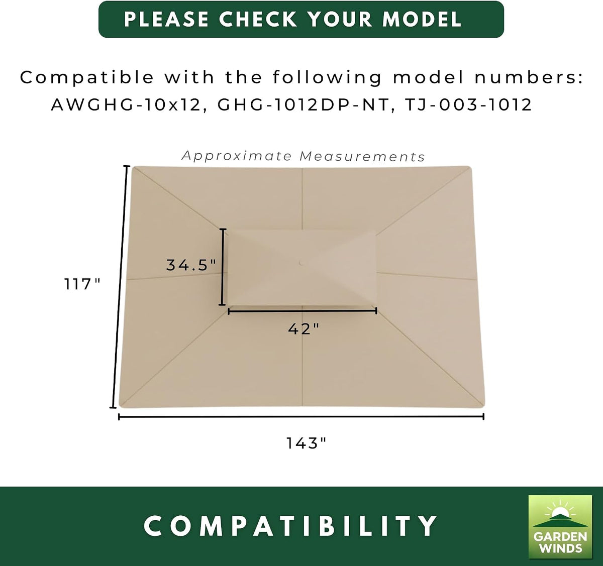 Garden Winds Reinforced RipLock 350 Replacement Canopy Top Cover Compatible with ABCCANOPY 10' x 12' Gazebo Models AWGHG-10x12, GHG-1012DP-NT, TJ-003-1012 - Beige