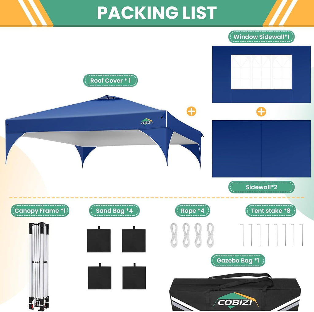 COBIZI 10x10 Pop up Canopy, Canopy Tent 10x10 with 3 Sidewalls, 1 Person Easy Set up，Tents for Parties, Outdoor Tent with Fluorescent Strip & 4 Sandbags, Waterproof, 3 Adjustable Height（Dark Blue）